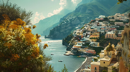 Wall Mural - view of Positano town - famous old italian resort at summer day, Italy, retro toned