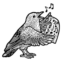 Wall Mural - cartoon bird singing song by sheet music notes sketch engraving PNG illustration. T-shirt apparel print design. Scratch board imitation. Black and white hand drawn image.