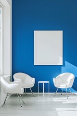 Minimalistic office space with white furniture, a bright blue accent wall, and a blank white frame.