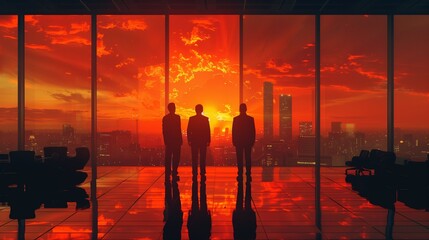 Wall Mural - Three Silhouettes Standing In An Office With A Sunset View Of A Cityscape