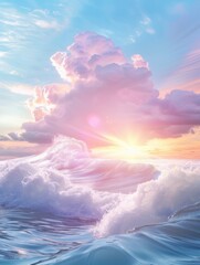 Wall Mural - A beautiful blue sky with a pink cloud and a sun shining through it