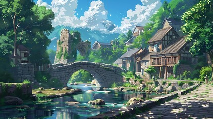 A Tranquil River Village Scene