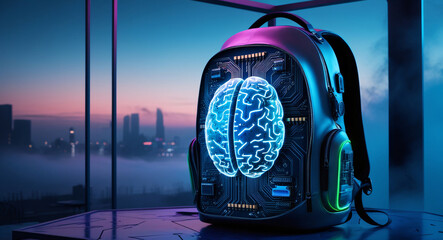 Wall Mural - technological school backpack, artificial intelligence, back to school, brain, space for text