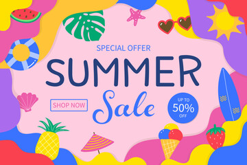 Wall Mural - Summer Sale background with colourful icons. Abstract vacation poster or banner. Vector illustration