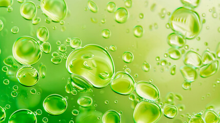 Banner of liquid, drops and bubbles in green color to decorate poster and booklet cover. Abstract background.