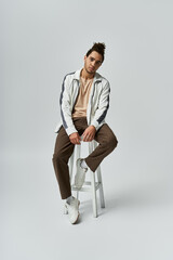 Wall Mural - A young African American man in a stylish outfit poses while seated on a white stool against a grey backdrop.