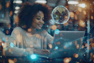 Wall Mural - Young woman using laptop in futuristic office with hologram.