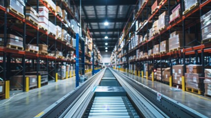 Aufkleber - A long conveyor belt system runs down the center of a modern warehouse, surrounded by shelves stacked with boxes.