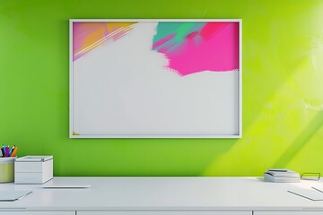 Modern office design with a white desk, colorful abstract art, and an empty white frame on a vibrant green wall in a  layout.