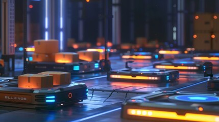 Aufkleber - A futuristic warehouse with automated robots transporting packages on conveyor belts. The robots are sleek and modern with blue and orange lights.