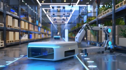 Aufkleber - A white autonomous robot navigates a modern warehouse, moving along a designated path between rows of shelves stocked with goods.