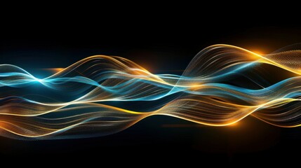 Abstract background with gold and blue glowing neon moving wave lines