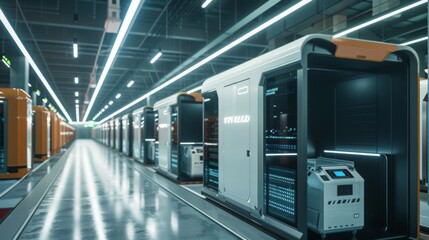 Poster - A long, narrow room lined with futuristic data storage units. Each unit has a sleek, metallic design and appears to contain server racks. The room is brightly lit with fluorescent lights.
