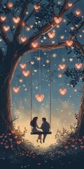 Canvas Print - Valentine's Day illustration with a couple sitting on a swing