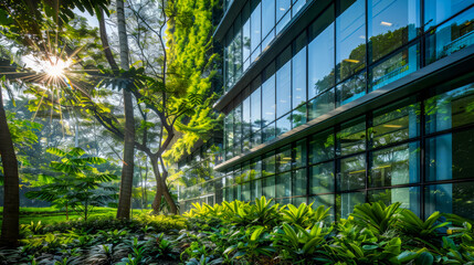 Wall Mural - Sunlit Modern Office Building with Lush Greenery and Reflective Glass Facade, Sustainable Architecture in Urban Green Space