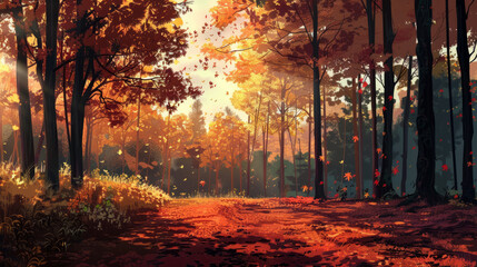 Wall Mural - Autumn Forest Path with Falling Leaves and Warm Sunlight