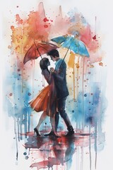 Sticker - Romantic watercolor illustration of a couple dancing in the rain