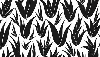 Wall Mural - A black and white pattern featuring bold silhouettes of aloe vera leaves against a clean white background.