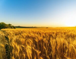 Wall Mural - A peaceful wheat field at sunrise, with the golden crops glowing in the early light. The swaying wheat and the soft colors of dawn create a tranquil and minimalist scene that celebrates the start of