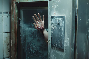 Wall Mural - womans hand coming out of a walk in freezer in a resteruant basement