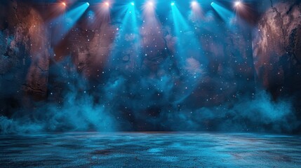 Wall Mural - An empty stage lit by spotlights with stars and smoke