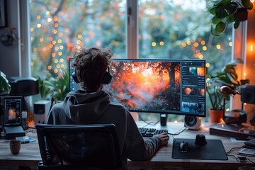 Poster - Young Man Working on Computer With Sunset View in Evening