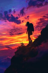 Wall Mural - Silhouette of a girl hiking up a mountain trail against a vibrant sunrise.