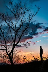 Poster - Silhouette of a Person Standing by a Tree at Sunset with Vibrant Sky