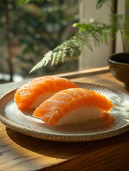 Elegant minimalist design with warm tones and soft lighting, food photography featuring two salmon nigiri sushi on a beige matte plate with a filmic grainy texture and natural light