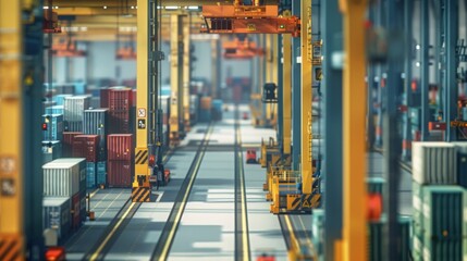 Aufkleber - A wide view of a busy container port, showcasing the rows of cranes and cargo containers. The yellow cranes are in motion, moving containers to and from ships.