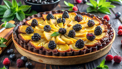 Canvas Print - Blackberry pie on a wooden plate.
