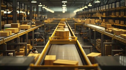 Fototapete - A conveyor belt system in a large warehouse, moving boxes from one station to another. The warehouse is well-lit and has many shelves stacked with boxes.