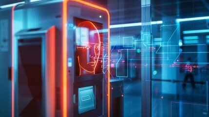 Fototapete - A futuristic facial recognition kiosk with a glowing red outline stands in a modern building. A digital image of a persons face is displayed on the screen.