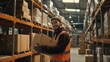 © Vitalii Shkurko - A warehouse worker wearing a beanie and jacket carries a box through an aisle filled with shelves of goods.
