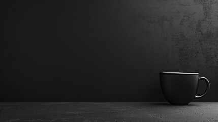 Poster - Black background with coffee cup on table, minimalistic style. Dark grey wall for product presentation mock up. Copy space banner. Mockup template. Black color


