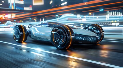 Poster - A modern, sleek white car with glowing wheels speeds down a neon-lit city street at night, evoking a futuristic world with advanced technology.