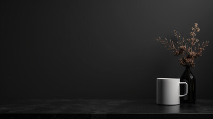 Poster - Black background with coffee cup on table, minimalistic style. Dark grey wall for product presentation mock up. Copy space banner. Mockup template. Black color


