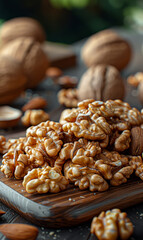 Wall Mural - A pile of walnuts on a wooden cutting board