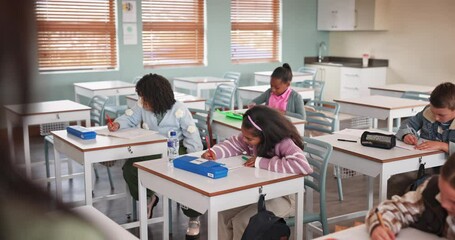 Poster - Exam, writing and students in classroom for education, learning and pencil for assessment in elementary school. Quiz, studying and knowledge for group of people, curriculum and desk for course test