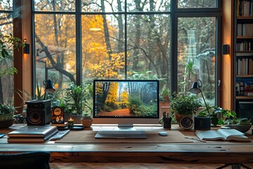 Poster - Modern Home Office Desk With Large Window View of Autumn Trees