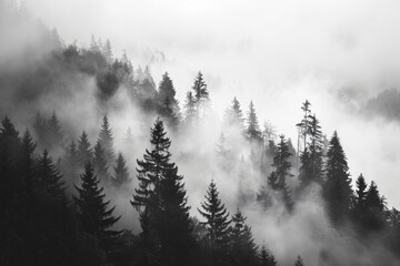 Canvas Print - Black and white photo of a misty forest with pine trees in the foggy mountains, in a high-contrast style.


