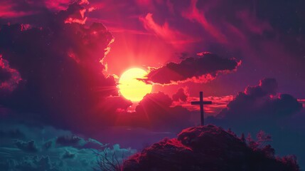 Artistic depiction of a vibrant sunset behind a cross silhouette on a hill. Generative AI