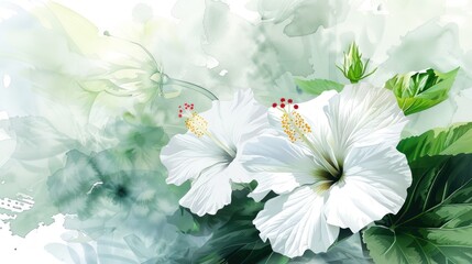 Wall Mural - Elegant white hibiscus flower with watercolor style for background and invitation wedding card