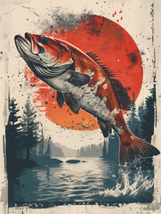 Vector retro vintage sunset big bass fish design for t-shirt on a white background, vector, contour