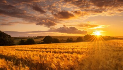 Wall Mural - golden hour sunset with hay field under clouds in gloucestershire