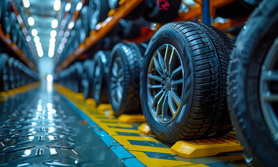 Wall Mural - A row of tires are on a conveyor belt in a warehouse. The tires are stacked on top of each other and are of different sizes.