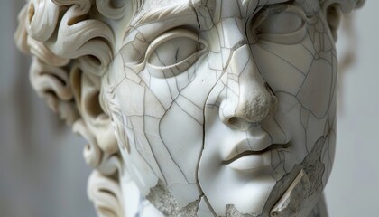 Broken Marble Statue of a Man's Face, Close-Up