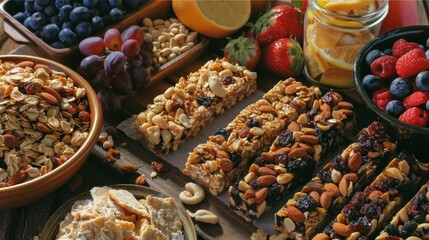 Wall Mural - A trailside picnic featuring a spread of homemade granola bars dried fruits and an assortment of nuts and seeds.