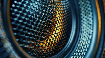 A closeup of a speakers tweeter reveals its intricate mesh design and powerful magnet designed to produce high frequencies with amazing precision.