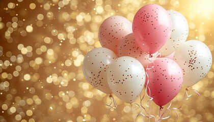 Festive balloons in white and pink on a golden bokeh background, birthday balloons, greeting balloons